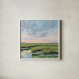 Winding Marsh Creek at Sundown by Carson Overstreet. Shown in a crisp white glass frame for a clean and minimalist style. Available as an archival giclee rolled canvas, fine art paper, or poster print. SKU 99337a.