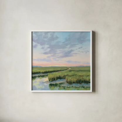 Winding Marsh Creek at Sundown by Carson Overstreet. Shown in a crisp white glass frame for a clean and minimalist style. Available as an archival giclee rolled canvas, fine art paper, or poster print. SKU 99337a.