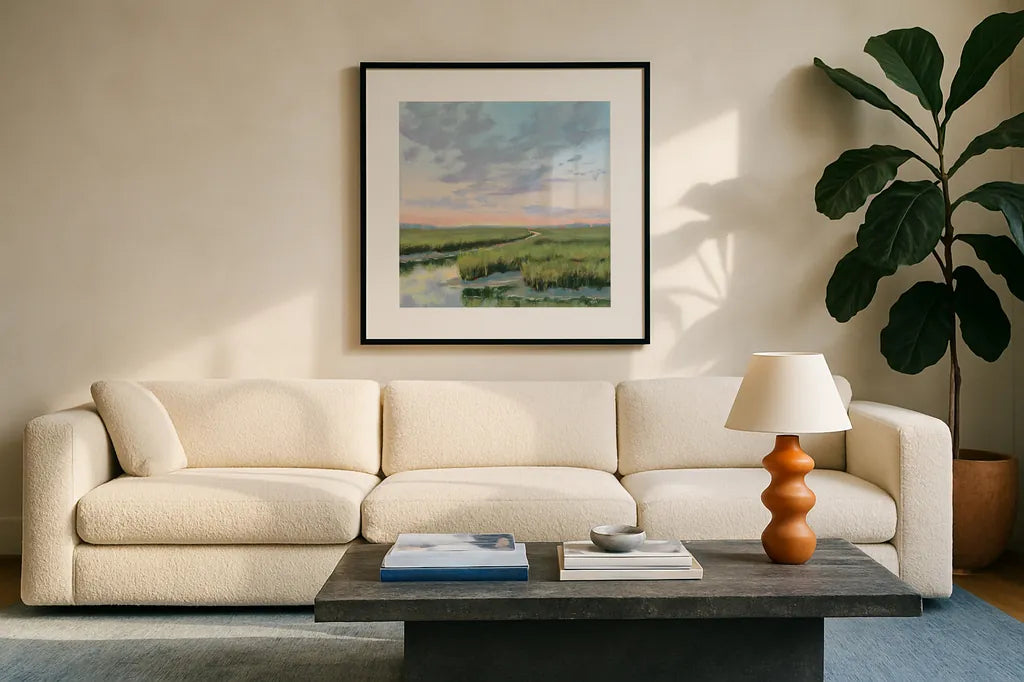 Winding Marsh Creek at Sundown by Carson Overstreet. Displayed in a glass frame with matte in a clean modern living room. Available as an archival giclee rolled canvas, fine art paper, or poster print. SKU 99337a.