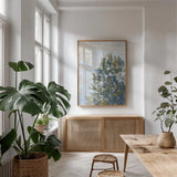 Winter Shrub by Carson Overstreet. shown as a print in a natural wood frame in a dining room. Available as a archival giclee rolled canvas, fine art paper, or poster print. SKU 104518h.