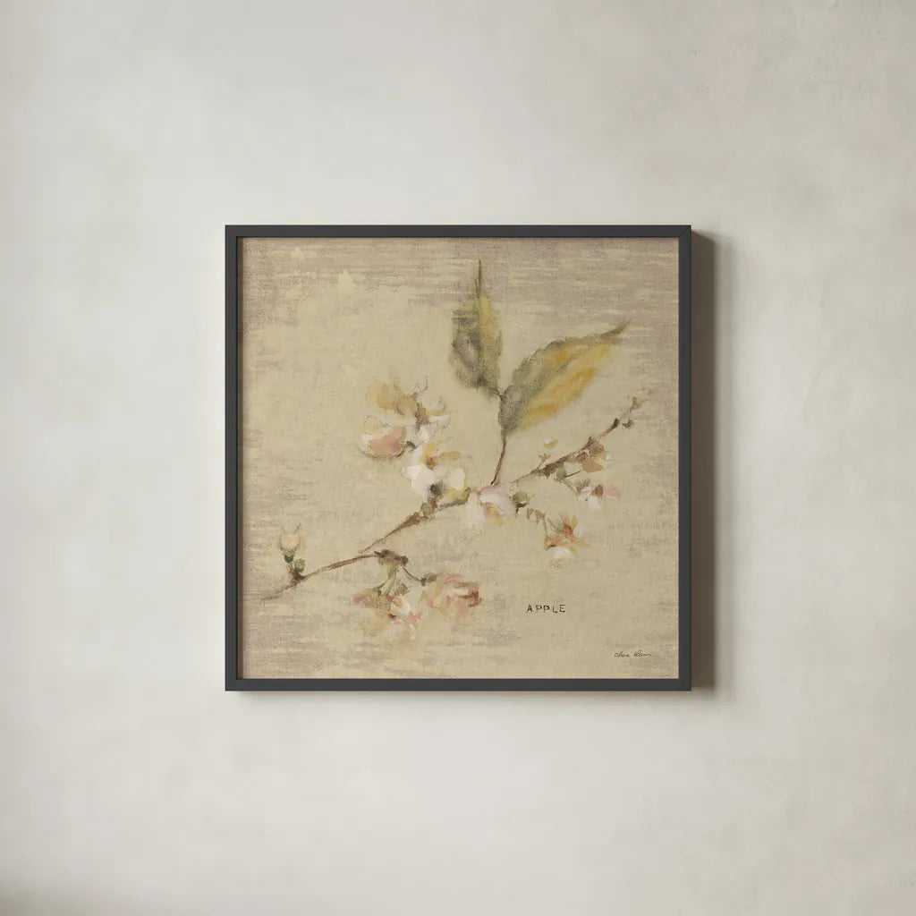 Apple Blossom by Cheri Blum. Shown in a sleek black glass frame for a contemporary gallery look. Available as an archival giclee rolled canvas, fine art paper, or poster print. SKU 7021a.