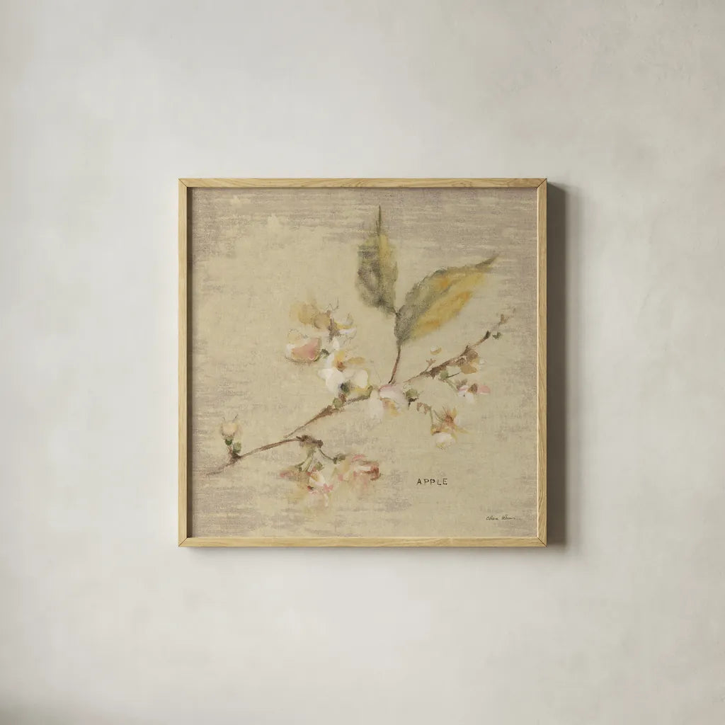 Apple Blossom by Cheri Blum. Shown in a natural wood glass frame for a timeless modern aesthetic. Available as an archival giclee rolled canvas, fine art paper, or poster print. SKU 7021a.