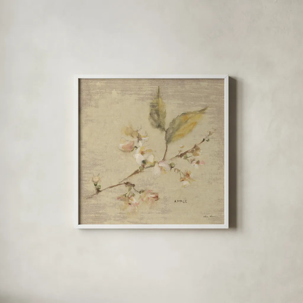 Apple Blossom by Cheri Blum. Shown in a crisp white glass frame for a clean and minimalist style. Available as an archival giclee rolled canvas, fine art paper, or poster print. SKU 7021a.