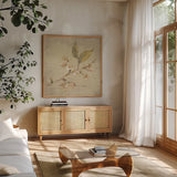 Apple Blossom by Cheri Blum. Shown in a natural wood frame in a cozy modern living room. Available as an archival giclee rolled canvas, fine art paper, or poster print. SKU 7021a.