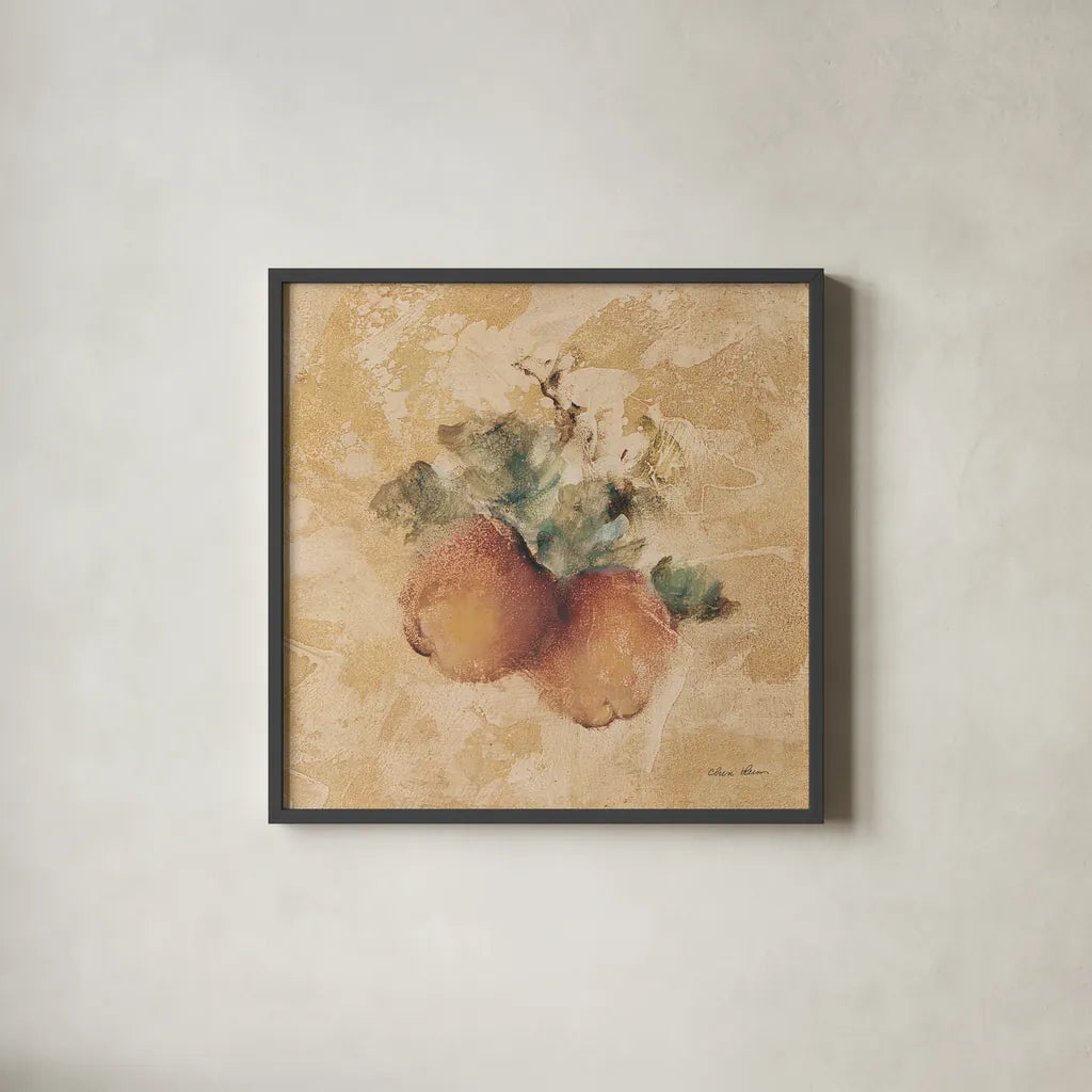 Apples Square by Cheri Blum. Shown in a sleek black glass frame for a contemporary gallery look. Available as an archival giclee rolled canvas, fine art paper, or poster print. SKU 7026a.