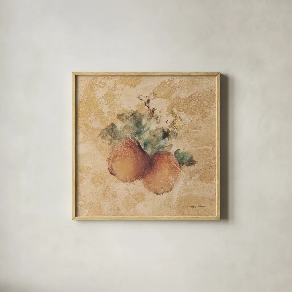 Apples Square by Cheri Blum. Shown in a natural wood glass frame for a timeless modern aesthetic. Available as an archival giclee rolled canvas, fine art paper, or poster print. SKU 7026a.