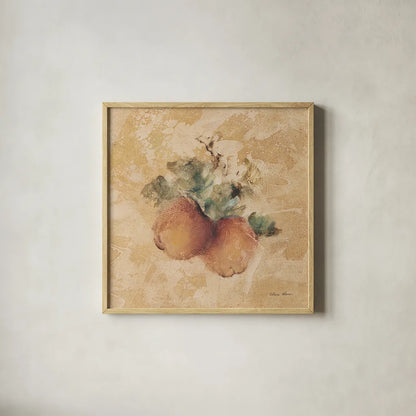 Apples Square by Cheri Blum. Shown in a natural wood glass frame for a timeless modern aesthetic. Available as an archival giclee rolled canvas, fine art paper, or poster print. SKU 7026a.