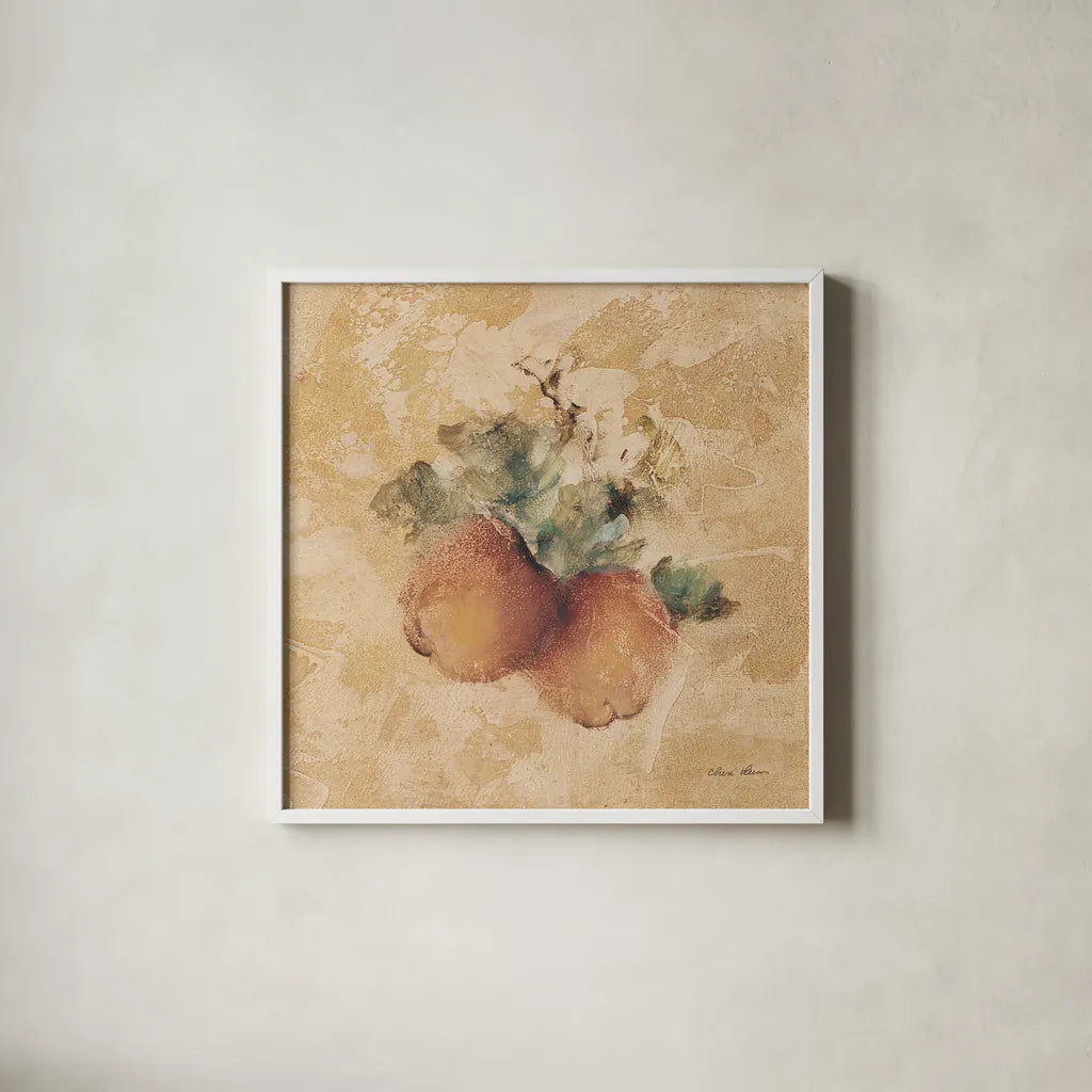 Apples Square by Cheri Blum. Shown in a crisp white glass frame for a clean and minimalist style. Available as an archival giclee rolled canvas, fine art paper, or poster print. SKU 7026a.