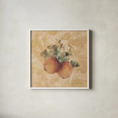 Apples Square by Cheri Blum. Shown in a crisp white glass frame for a clean and minimalist style. Available as an archival giclee rolled canvas, fine art paper, or poster print. SKU 7026a.