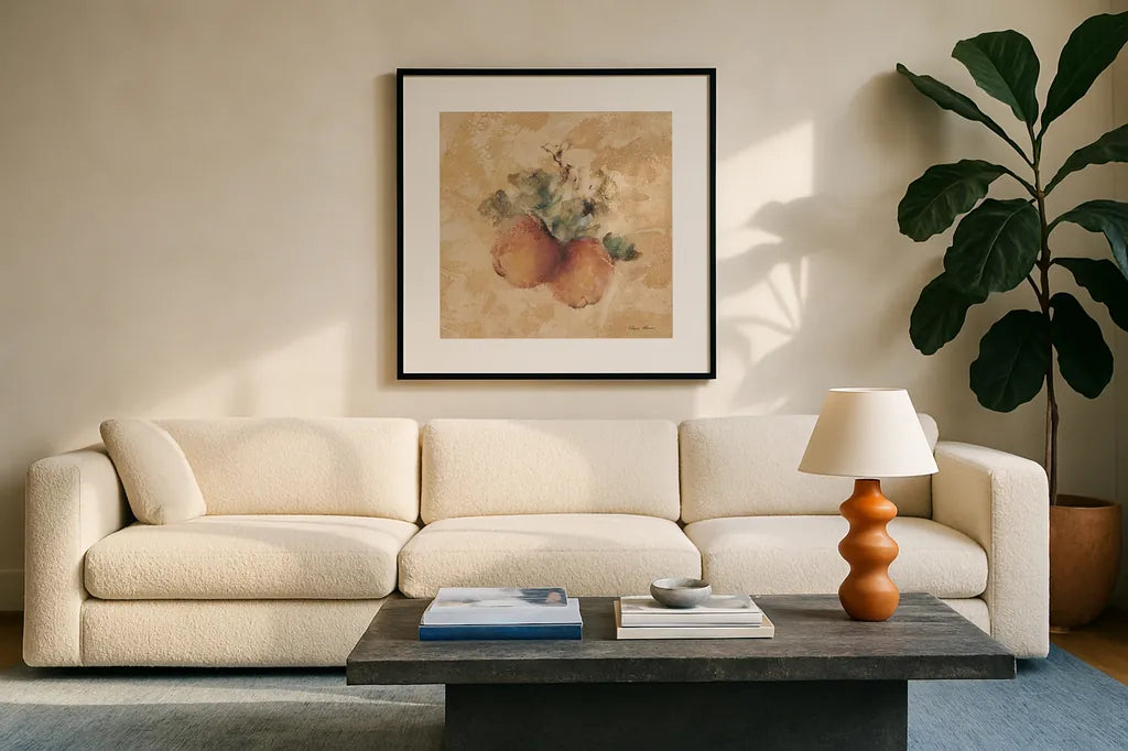 Apples Square by Cheri Blum. Displayed in a glass frame with matte in a clean modern living room. Available as an archival giclee rolled canvas, fine art paper, or poster print. SKU 7026a.