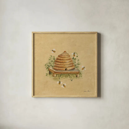 Bee Hive by Cheri Blum. Shown in a natural wood glass frame for a timeless modern aesthetic. Available as an archival giclee rolled canvas, fine art paper, or poster print. SKU 89467a.
