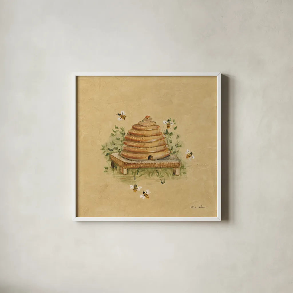 Bee Hive by Cheri Blum. Shown in a crisp white glass frame for a clean and minimalist style. Available as an archival giclee rolled canvas, fine art paper, or poster print. SKU 89467a.