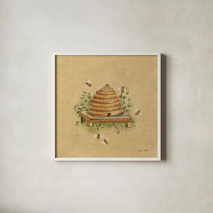 Bee Hive by Cheri Blum. Shown in a crisp white glass frame for a clean and minimalist style. Available as an archival giclee rolled canvas, fine art paper, or poster print. SKU 89467a.