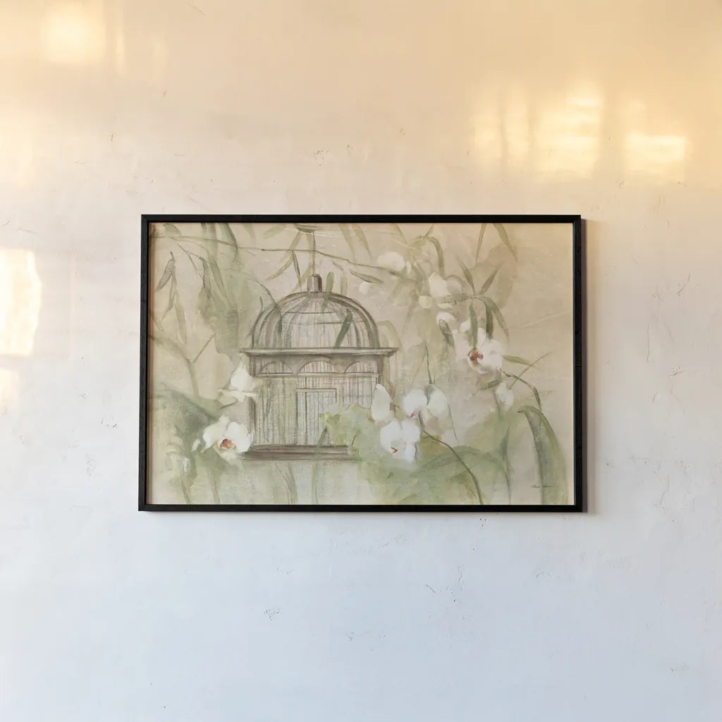 Birdcage Bamboo by Cheri Blum. shown as a paper print in a black flame. Available as a archival giclee rolled canvas, fine art paper, or poster print. SKU 7065i.