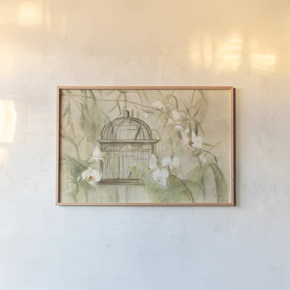 Birdcage Bamboo by Cheri Blum. shown as a paper print in a natural frame. Available as a archival giclee rolled canvas, fine art paper, or poster print. SKU 7065i.