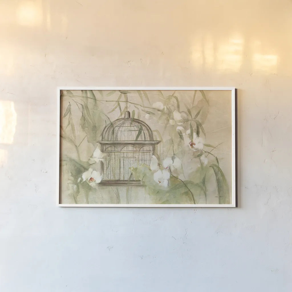 Birdcage Bamboo by Cheri Blum. shown as a paper print in a white frame. Available as a archival giclee rolled canvas, fine art paper, or poster print. SKU 7065i.