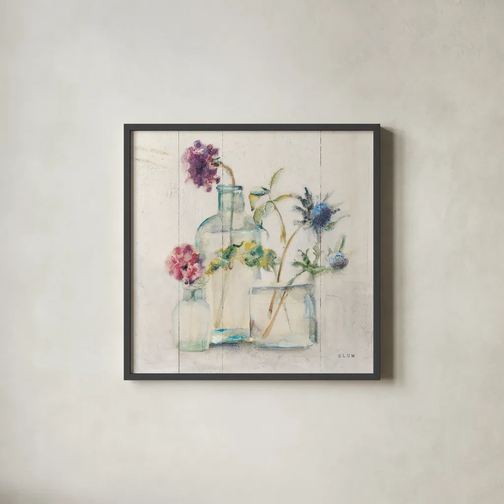 Blossoms II Light by Cheri Blum. Shown in a sleek black glass frame for a contemporary gallery look. Available as an archival giclee rolled canvas, fine art paper, or poster print. SKU 68657a.