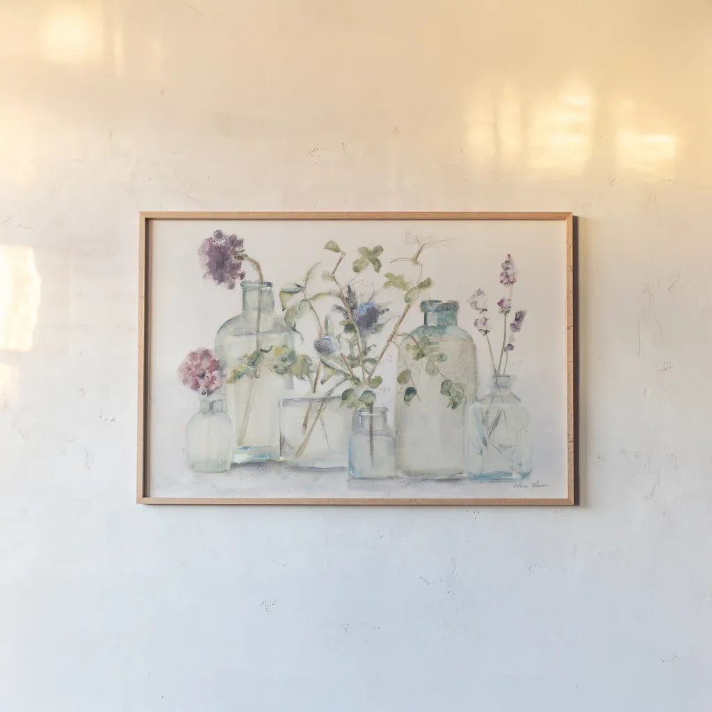 Blossoms IV by Cheri Blum. shown as a paper print in a natural frame. Available as a archival giclee rolled canvas, fine art paper, or poster print. SKU 91501i.