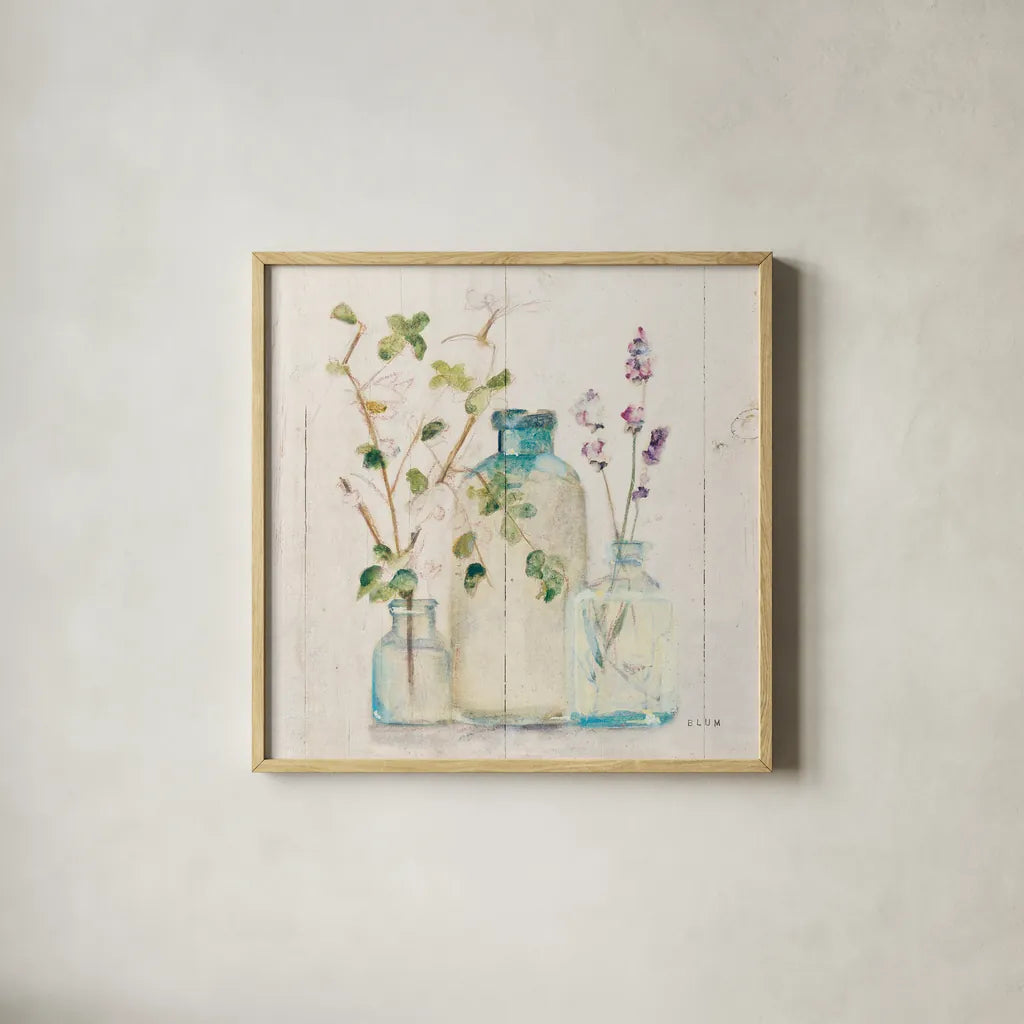 Blossoms V Light by Cheri Blum. Shown in a natural wood glass frame for a timeless modern aesthetic. Available as an archival giclee rolled canvas, fine art paper, or poster print. SKU 68658a.