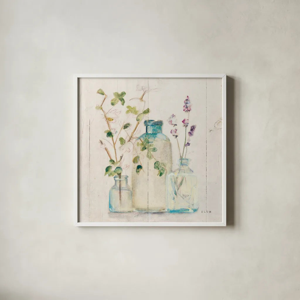 Blossoms V Light by Cheri Blum. Shown in a crisp white glass frame for a clean and minimalist style. Available as an archival giclee rolled canvas, fine art paper, or poster print. SKU 68658a.