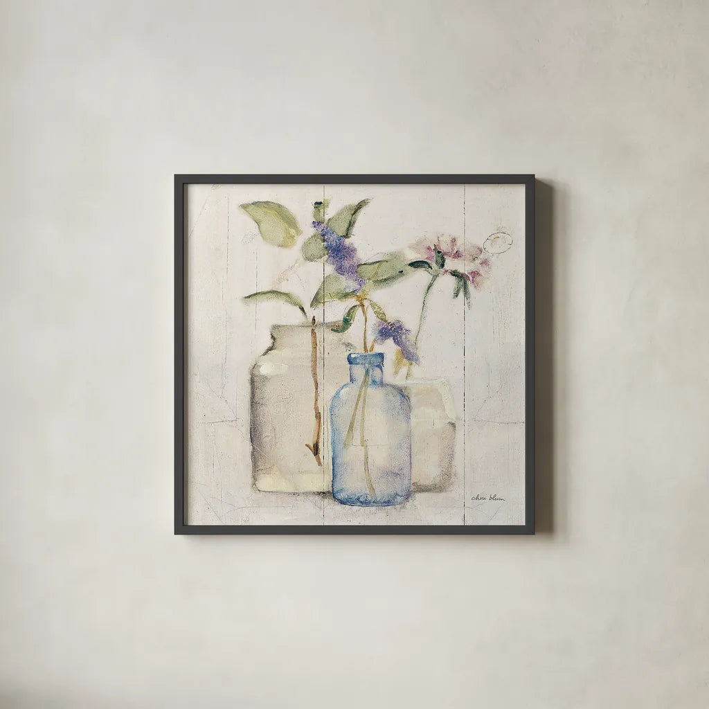 Blossoms on Birch I by Cheri Blum. Shown in a sleek black glass frame for a contemporary gallery look. Available as an archival giclee rolled canvas, fine art paper, or poster print. SKU 22373a.