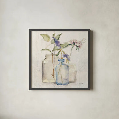 Blossoms on Birch I by Cheri Blum. Shown in a sleek black glass frame for a contemporary gallery look. Available as an archival giclee rolled canvas, fine art paper, or poster print. SKU 22373a.