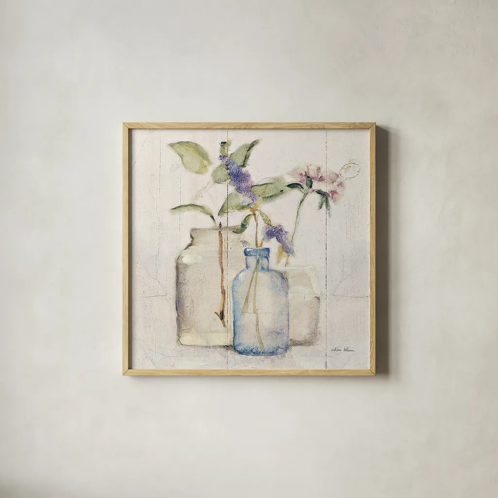 Blossoms on Birch I by Cheri Blum. Shown in a natural wood glass frame for a timeless modern aesthetic. Available as an archival giclee rolled canvas, fine art paper, or poster print. SKU 22373a.