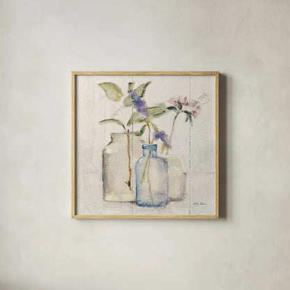 Blossoms on Birch I by Cheri Blum. Shown in a natural wood glass frame for a timeless modern aesthetic. Available as an archival giclee rolled canvas, fine art paper, or poster print. SKU 22373a.