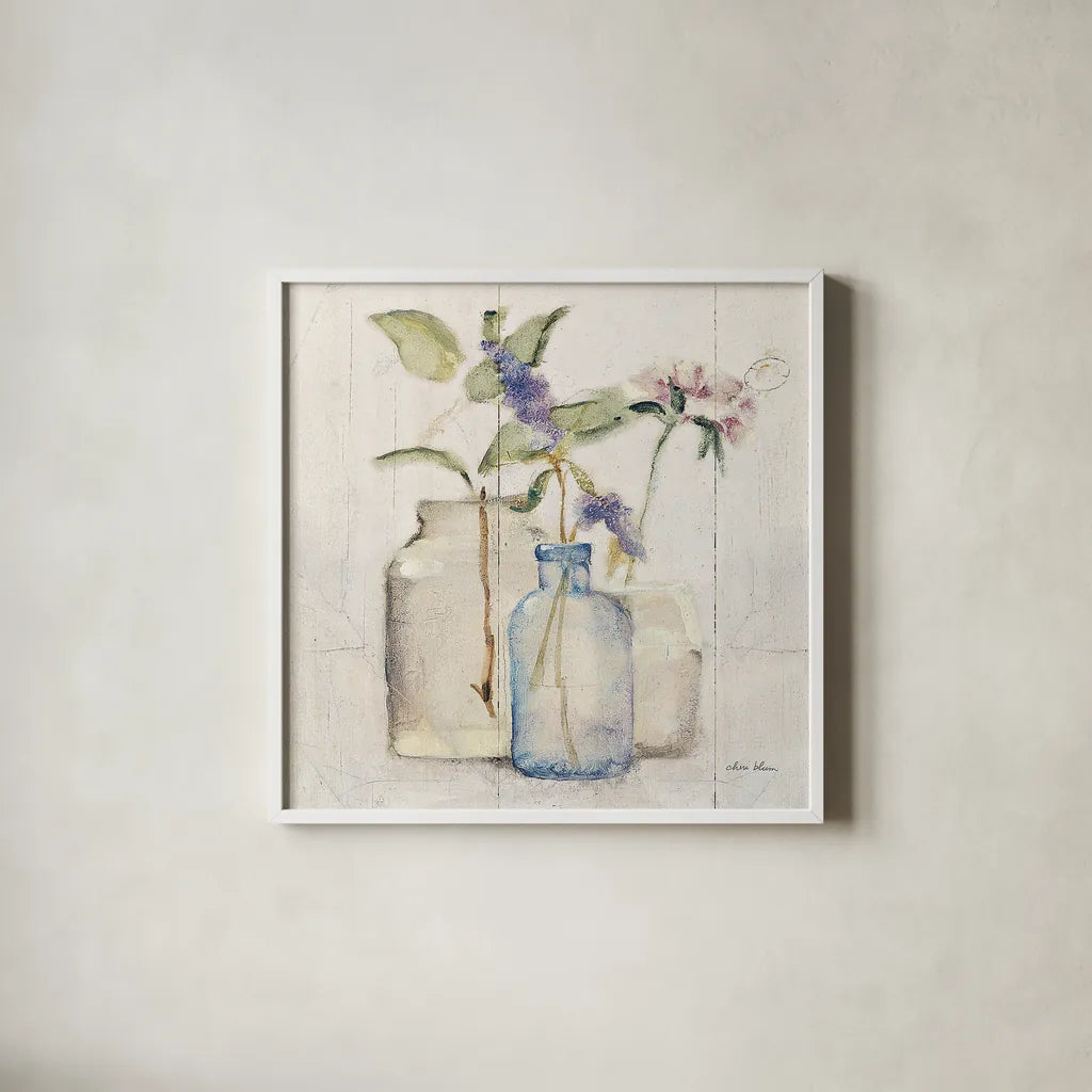 Blossoms on Birch I by Cheri Blum. Shown in a crisp white glass frame for a clean and minimalist style. Available as an archival giclee rolled canvas, fine art paper, or poster print. SKU 22373a.