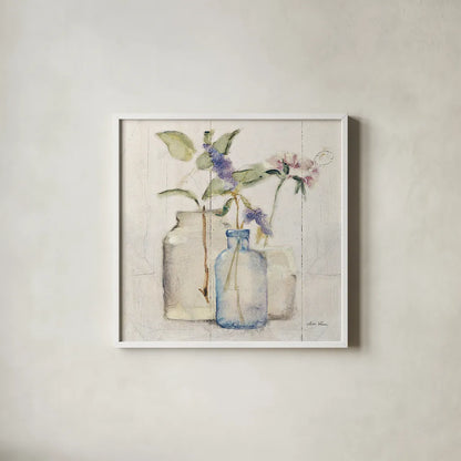 Blossoms on Birch I by Cheri Blum. Shown in a crisp white glass frame for a clean and minimalist style. Available as an archival giclee rolled canvas, fine art paper, or poster print. SKU 22373a.