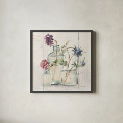 Blossoms on Birch II by Cheri Blum. Shown in a sleek black glass frame for a contemporary gallery look. Available as an archival giclee rolled canvas, fine art paper, or poster print. SKU 22374a.