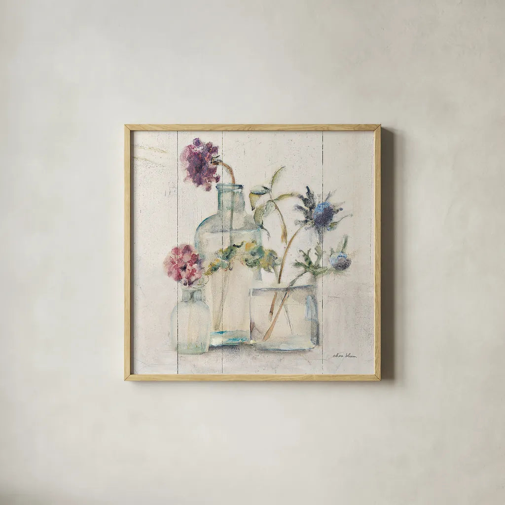 Blossoms on Birch II by Cheri Blum. Shown in a natural wood glass frame for a timeless modern aesthetic. Available as an archival giclee rolled canvas, fine art paper, or poster print. SKU 22374a.