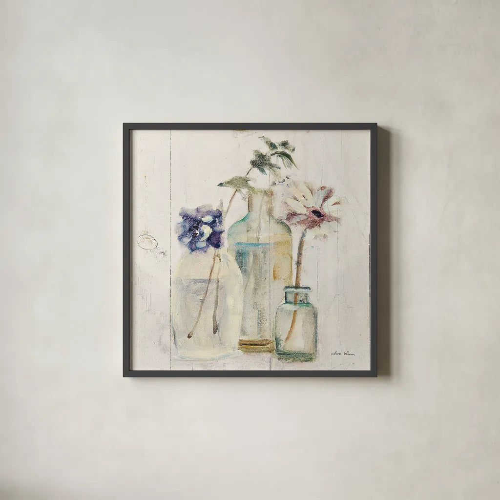 Blossoms on Birch III by Cheri Blum. Shown in a sleek black glass frame for a contemporary gallery look. Available as an archival giclee rolled canvas, fine art paper, or poster print. SKU 22375a.