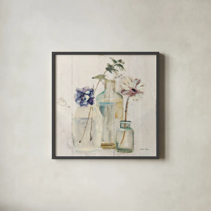 Blossoms on Birch III by Cheri Blum. Shown in a sleek black glass frame for a contemporary gallery look. Available as an archival giclee rolled canvas, fine art paper, or poster print. SKU 22375a.