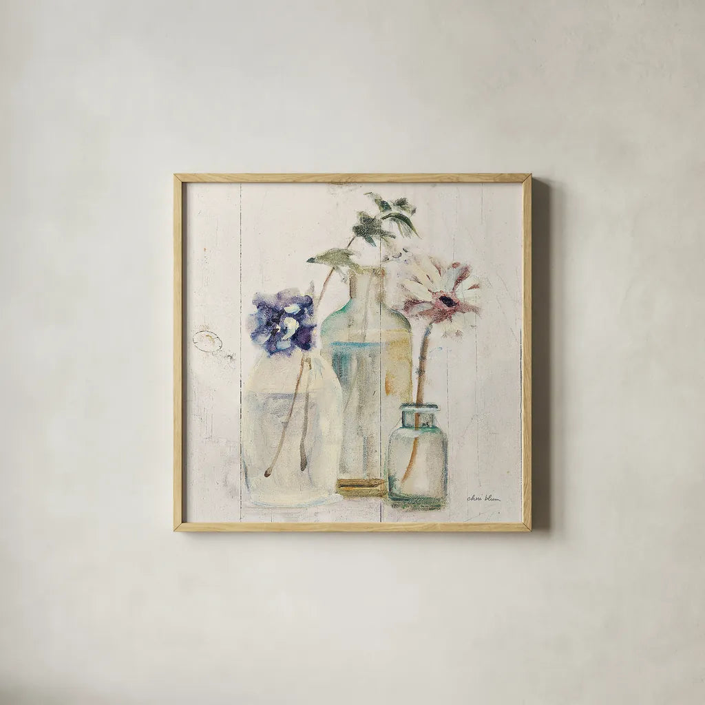 Blossoms on Birch III by Cheri Blum. Shown in a natural wood glass frame for a timeless modern aesthetic. Available as an archival giclee rolled canvas, fine art paper, or poster print. SKU 22375a.