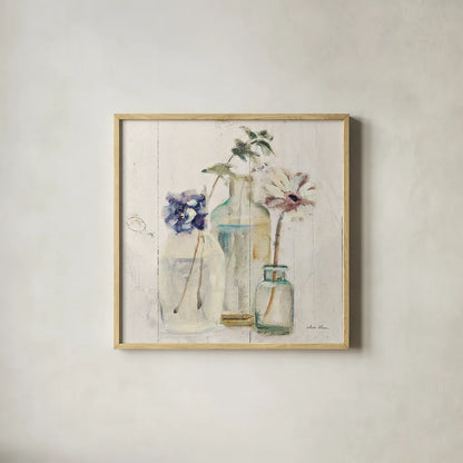 Blossoms on Birch III by Cheri Blum. Shown in a natural wood glass frame for a timeless modern aesthetic. Available as an archival giclee rolled canvas, fine art paper, or poster print. SKU 22375a.