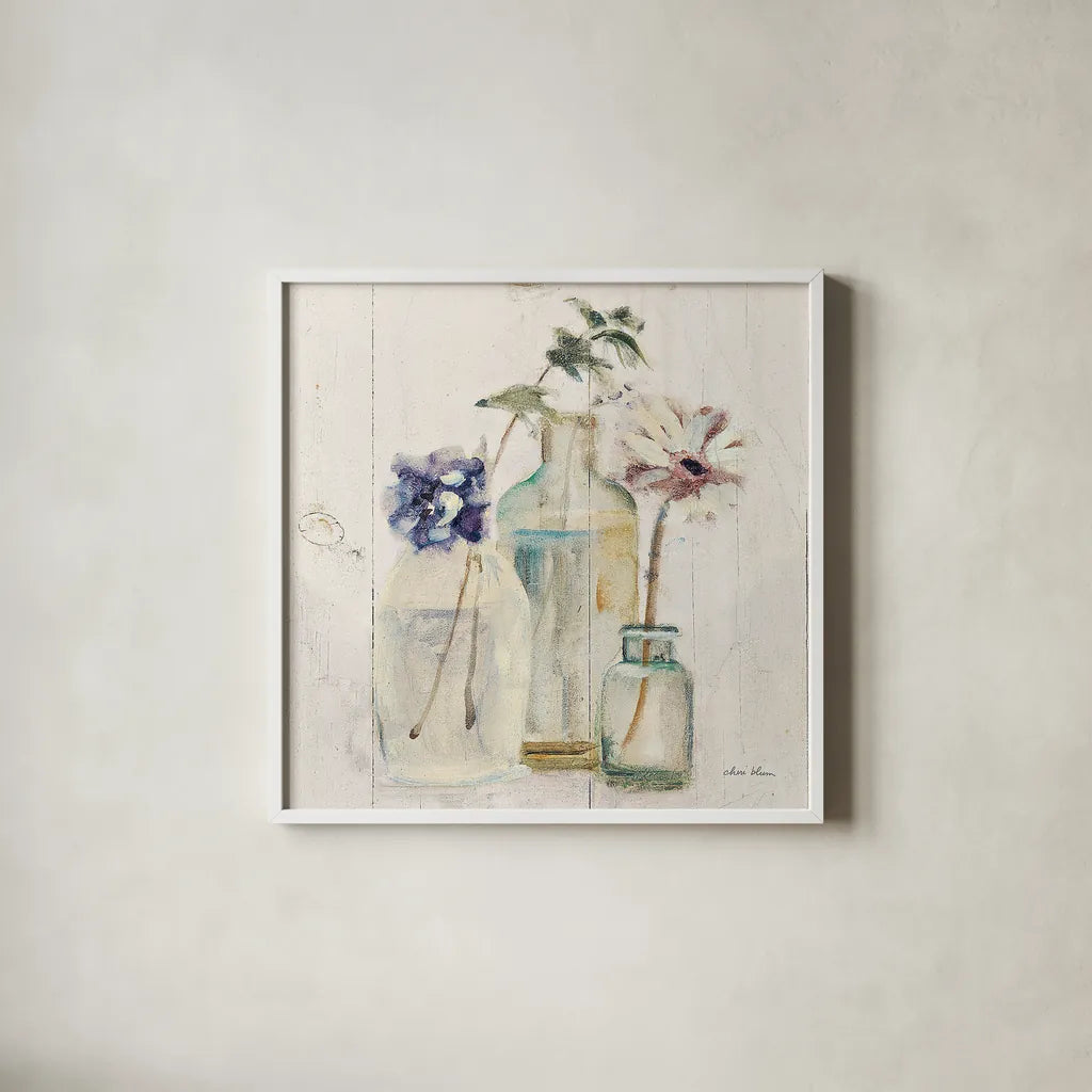 Blossoms on Birch III by Cheri Blum. Shown in a crisp white glass frame for a clean and minimalist style. Available as an archival giclee rolled canvas, fine art paper, or poster print. SKU 22375a.
