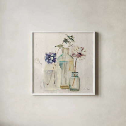 Blossoms on Birch III by Cheri Blum. Shown in a crisp white glass frame for a clean and minimalist style. Available as an archival giclee rolled canvas, fine art paper, or poster print. SKU 22375a.