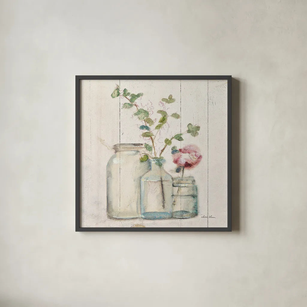 Blossoms on Birch IV by Cheri Blum. Shown in a sleek black glass frame for a contemporary gallery look. Available as an archival giclee rolled canvas, fine art paper, or poster print. SKU 22376a.
