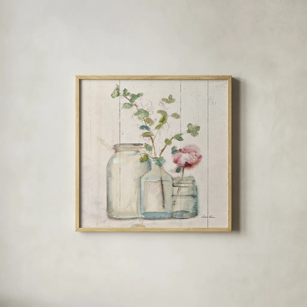 Blossoms on Birch IV by Cheri Blum. Shown in a natural wood glass frame for a timeless modern aesthetic. Available as an archival giclee rolled canvas, fine art paper, or poster print. SKU 22376a.