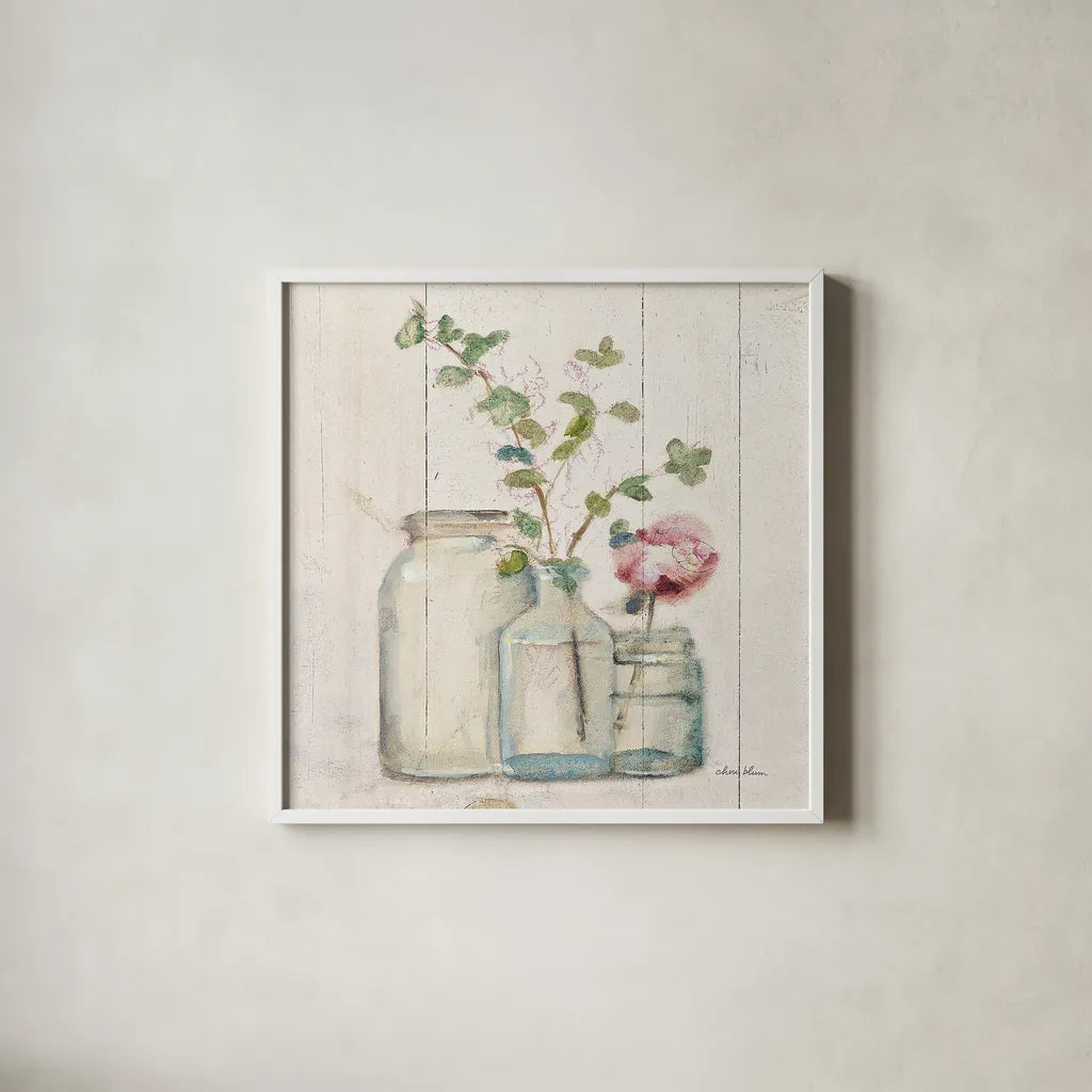 Blossoms on Birch IV by Cheri Blum. Shown in a crisp white glass frame for a clean and minimalist style. Available as an archival giclee rolled canvas, fine art paper, or poster print. SKU 22376a.