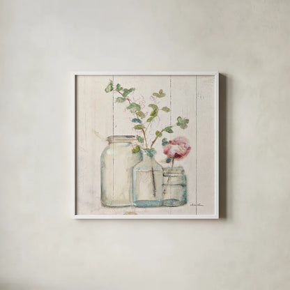 Blossoms on Birch IV by Cheri Blum. Shown in a crisp white glass frame for a clean and minimalist style. Available as an archival giclee rolled canvas, fine art paper, or poster print. SKU 22376a.
