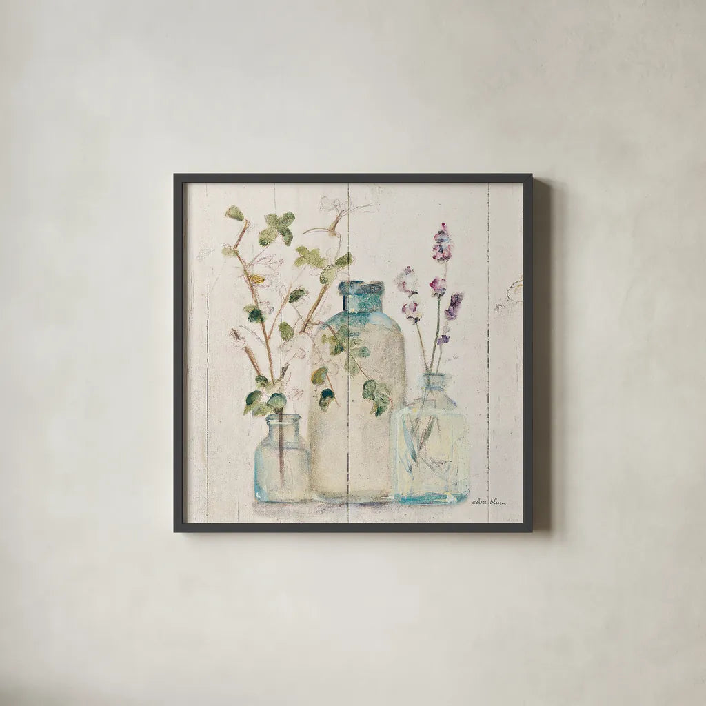Blossoms on Birch V by Cheri Blum. Shown in a sleek black glass frame for a contemporary gallery look. Available as an archival giclee rolled canvas, fine art paper, or poster print. SKU 22377a.
