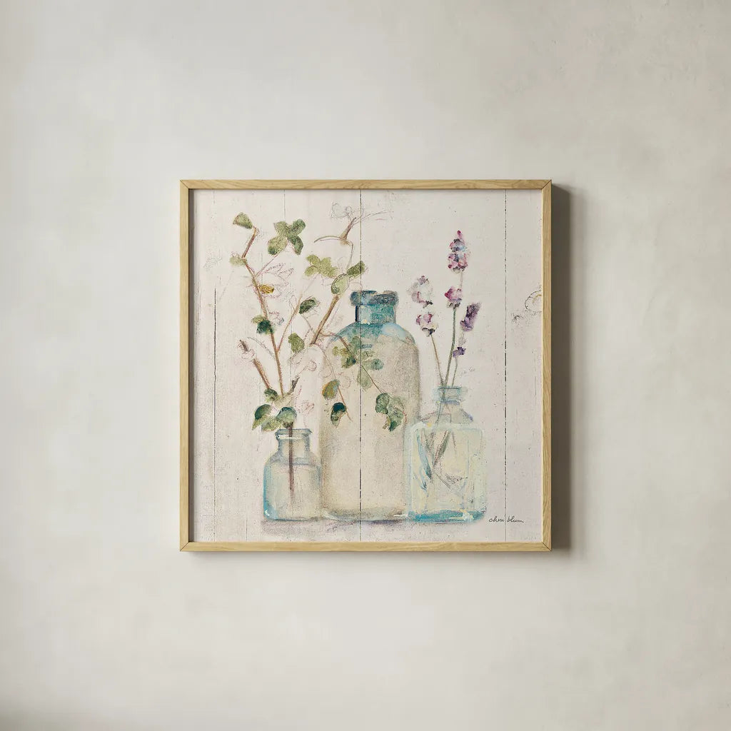 Blossoms on Birch V by Cheri Blum. Shown in a natural wood glass frame for a timeless modern aesthetic. Available as an archival giclee rolled canvas, fine art paper, or poster print. SKU 22377a.