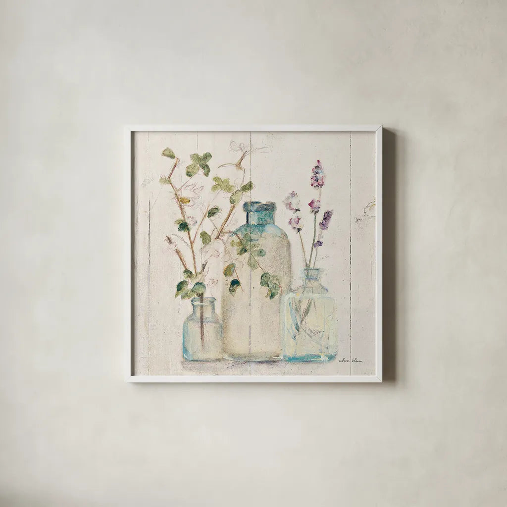 Blossoms on Birch V by Cheri Blum. Shown in a crisp white glass frame for a clean and minimalist style. Available as an archival giclee rolled canvas, fine art paper, or poster print. SKU 22377a.