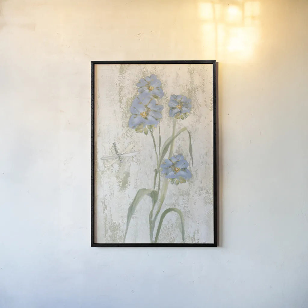 Blue Field Flowers Crop by Cheri Blum. shown as a paper print in a black flame. Available as a archival giclee rolled canvas, fine art paper, or poster print. SKU 88534h.
