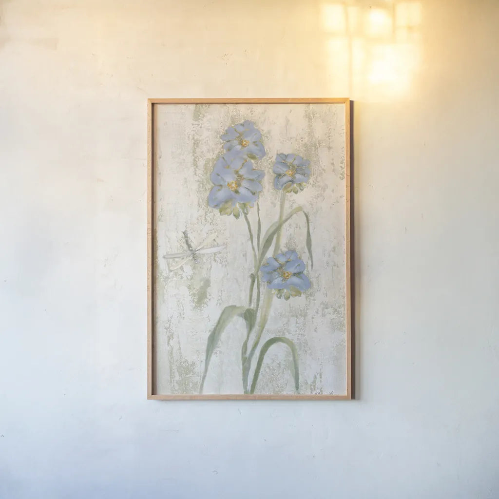 Blue Field Flowers Crop by Cheri Blum. shown as a paper print in a natural frame. Available as a archival giclee rolled canvas, fine art paper, or poster print. SKU 88534h.