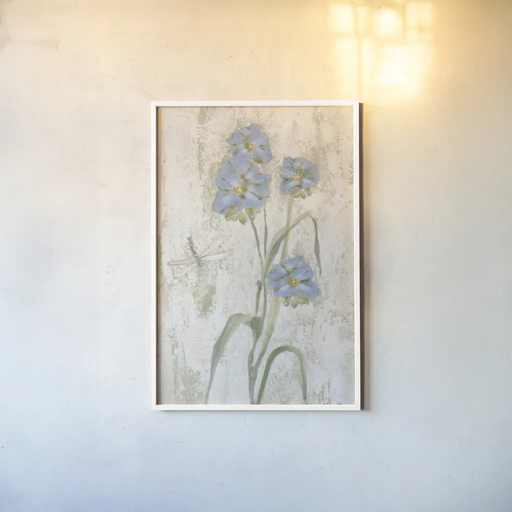 Blue Field Flowers Crop by Cheri Blum. shown as a paper print in a white frame. Available as a archival giclee rolled canvas, fine art paper, or poster print. SKU 88534h.