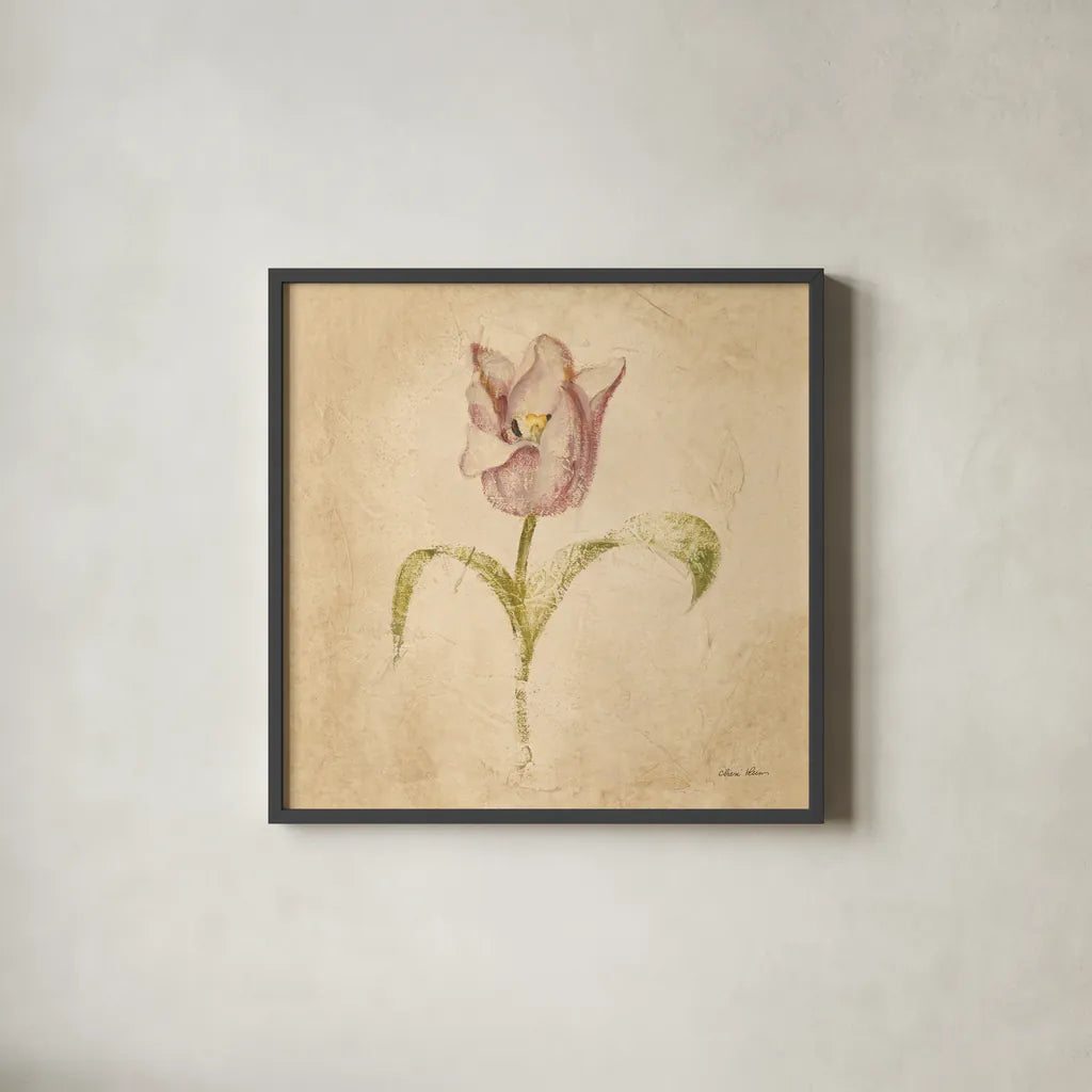 Blue Parrot Tulip by Cheri Blum. Shown in a sleek black glass frame for a contemporary gallery look. Available as an archival giclee rolled canvas, fine art paper, or poster print. SKU 7351a.