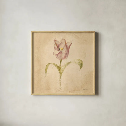 Blue Parrot Tulip by Cheri Blum. Shown in a natural wood glass frame for a timeless modern aesthetic. Available as an archival giclee rolled canvas, fine art paper, or poster print. SKU 7351a.